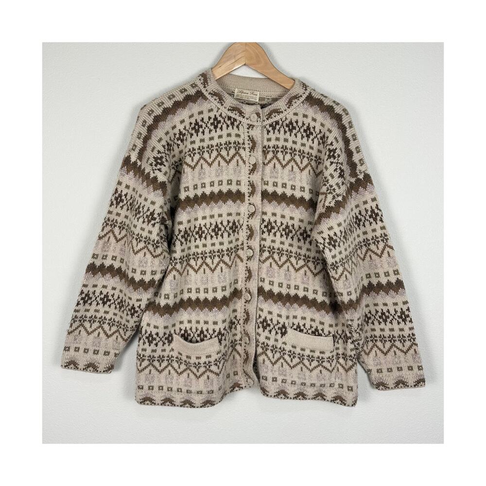 Vintage Women's Alpaca Fina Peruvian Alpaca Cardigan Fair Isle Nordic Sweater L